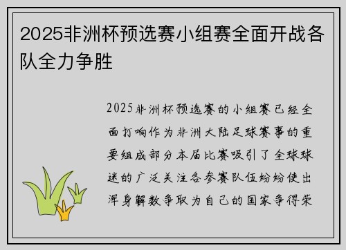 2025非洲杯预选赛小组赛全面开战各队全力争胜