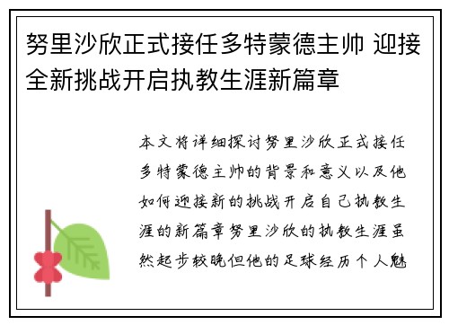 努里沙欣正式接任多特蒙德主帅 迎接全新挑战开启执教生涯新篇章