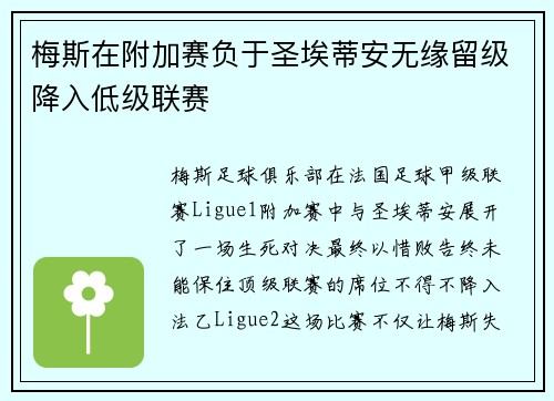 梅斯在附加赛负于圣埃蒂安无缘留级降入低级联赛