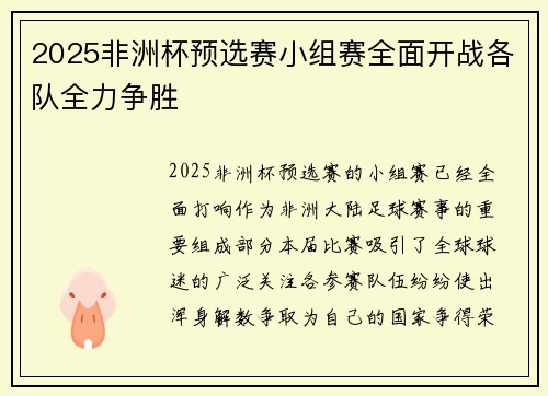 2025非洲杯预选赛小组赛全面开战各队全力争胜